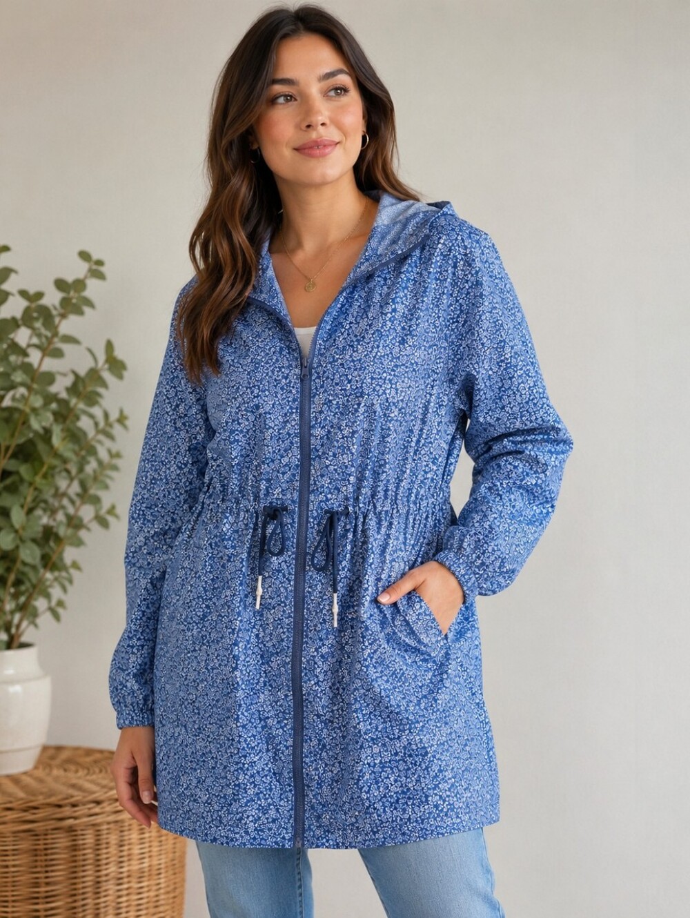 Dunnes Blue Floral Hooded Zip Front Lightweight Rain Jacket XL
